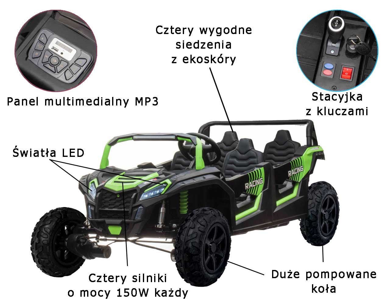 Buggy ATV Racing A033 Zielony Ogromne auto 4 osobowe 24V 4x150W